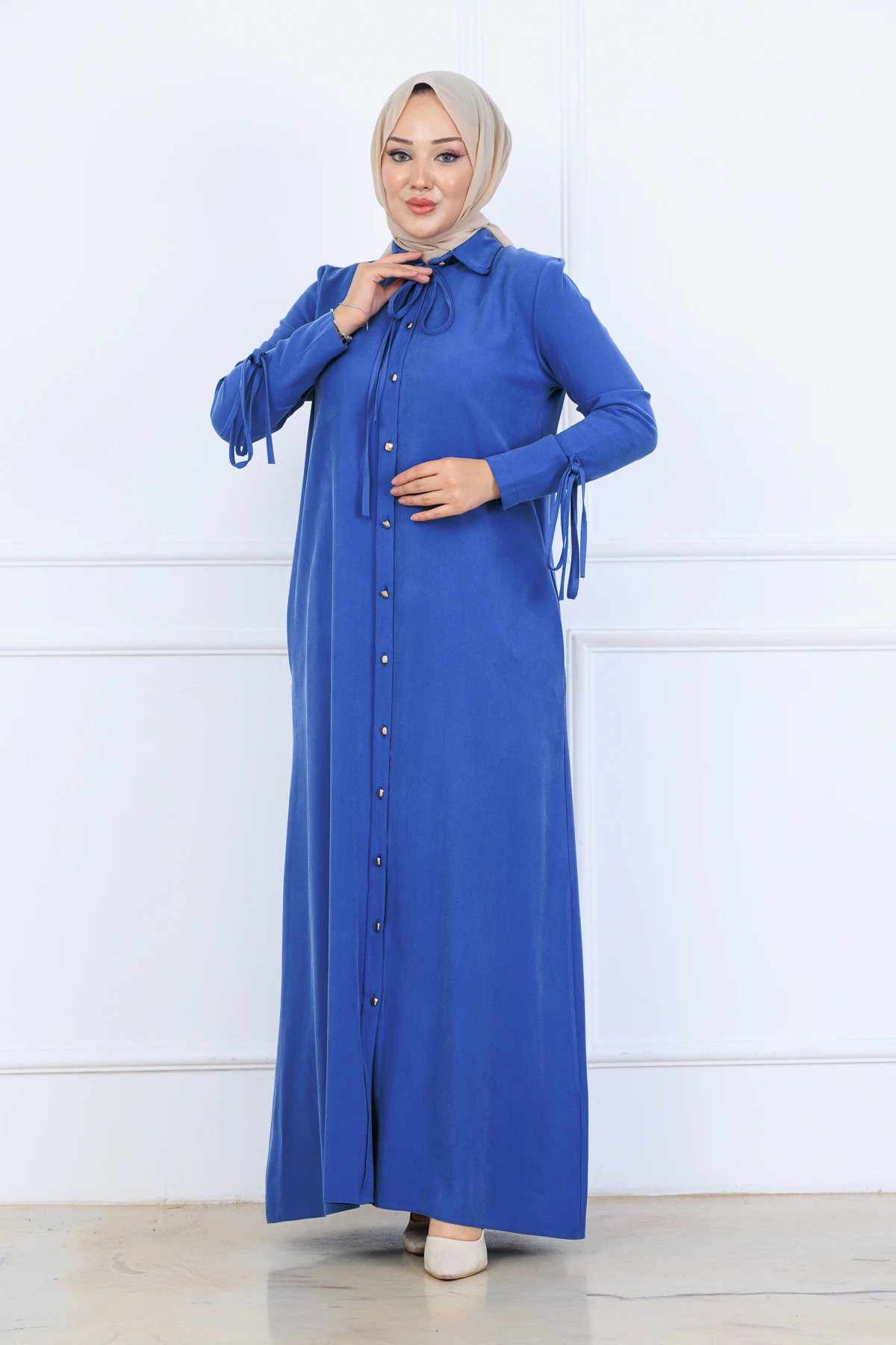 Yumuşak Organik Kumaş Gömlek Yaka Tesettür Kadın Uzun Elbise 10134 - İndi̇go