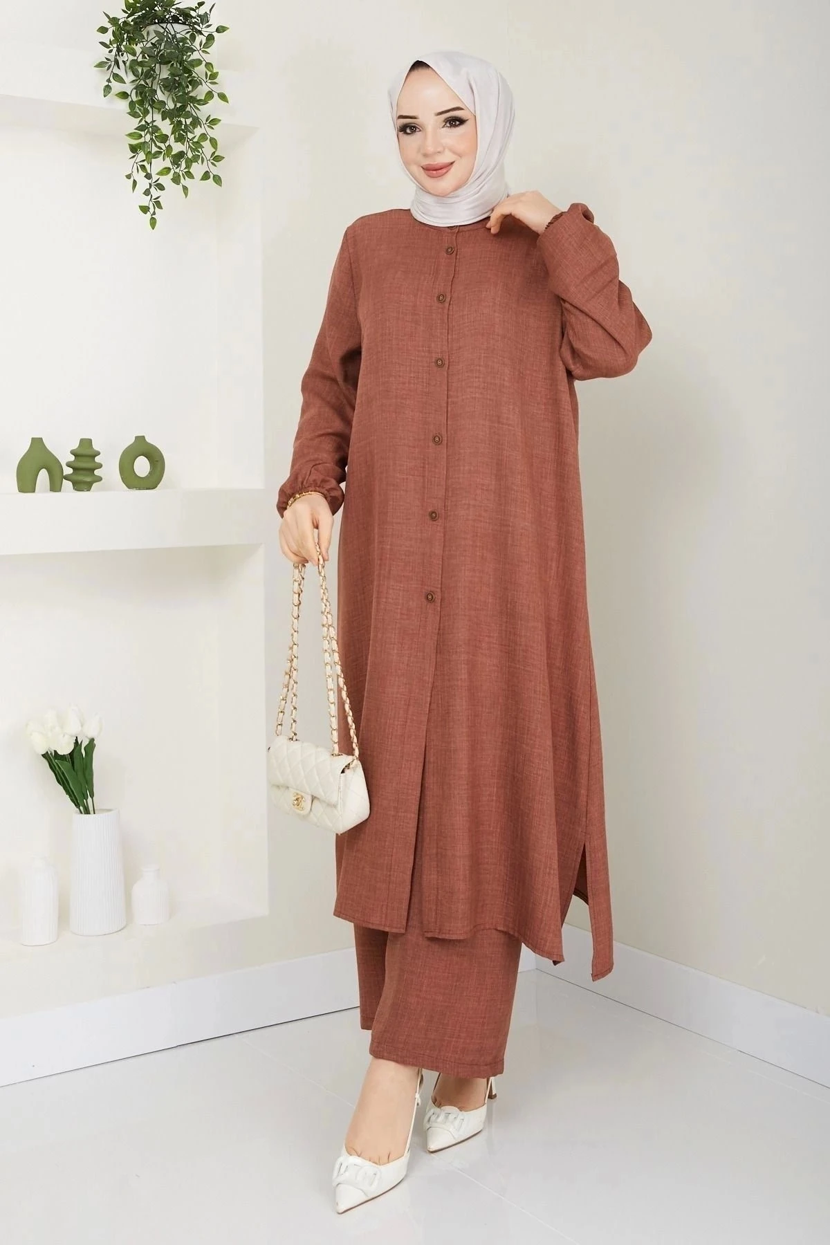 Kadın Büyük Beden Uzun  İkili Tesettür Tunik Takım 10110 - Taba