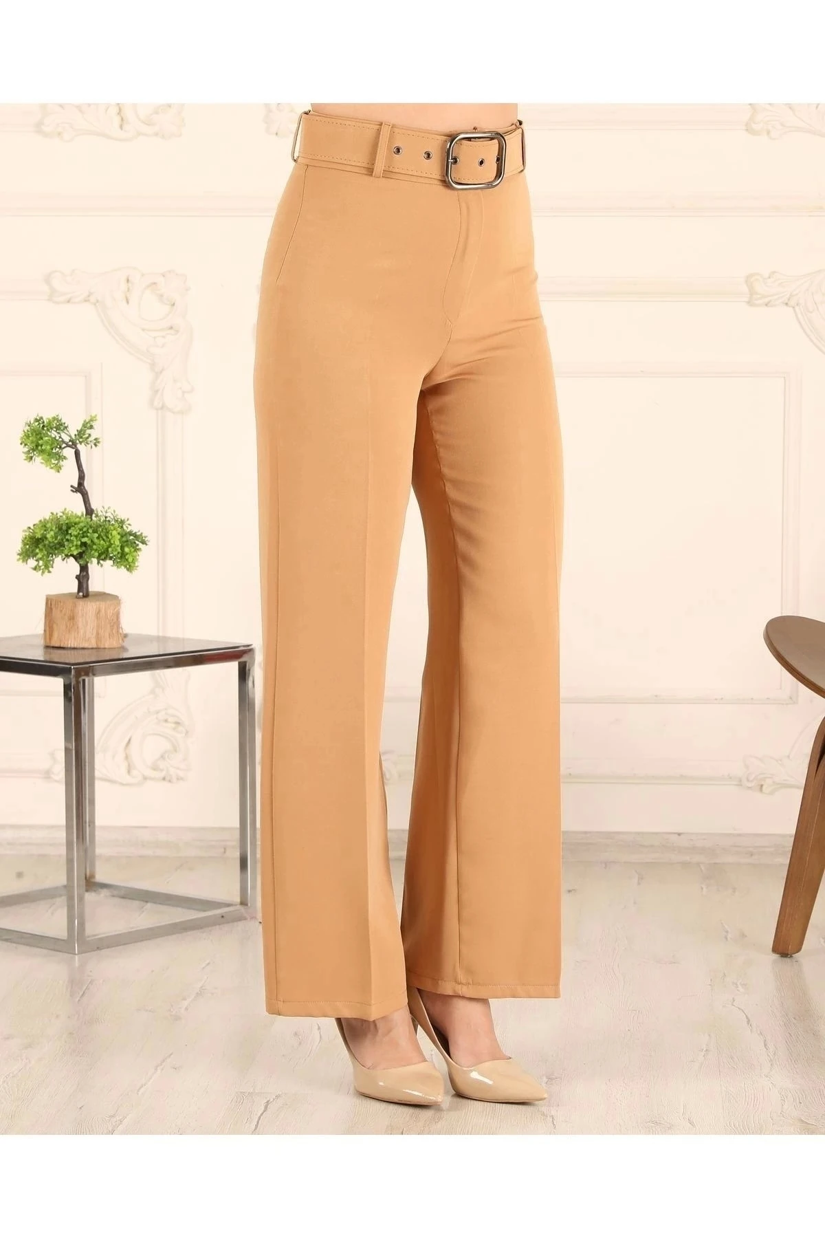 Kadın Bol Paça Kemerli Pantolon 10103 - Camel
