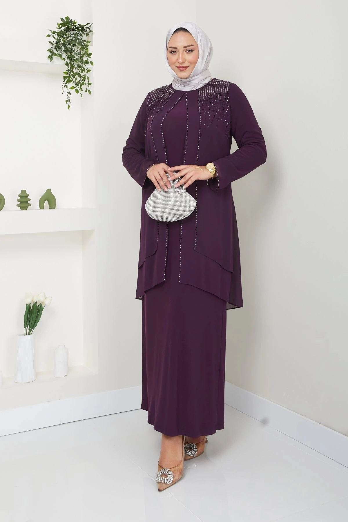 Kadın Büyük Beden Abiye Elbise İki Kat Şifon Tesettür Abiye Elbise 10117 - Mürdüm