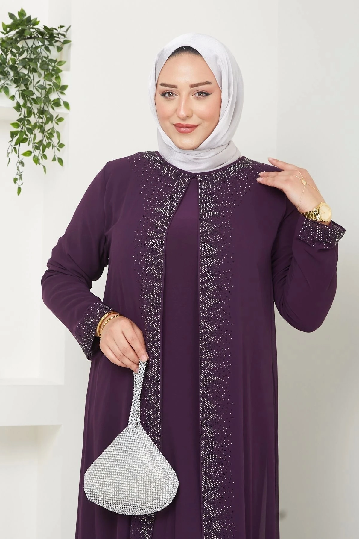 Kadın Büyük Beden Abiye Elbise Uzun Şifon 10118 - Mürdüm