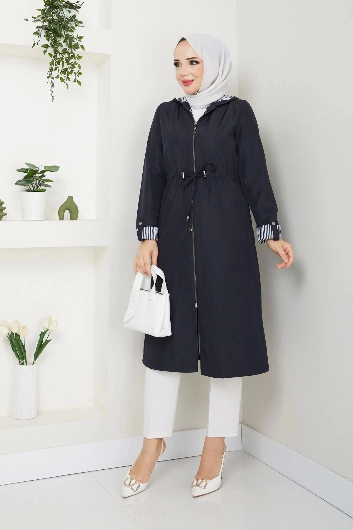 Kadın Uzun Giy Çık Trençkot 10104 - Lacivert