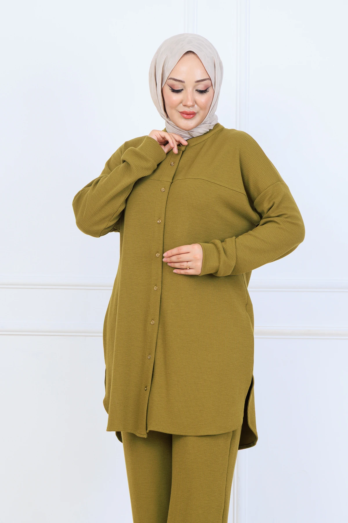 Bürümcük Kumaş Kadın İkili Takım-Gömlek Pantolon 10128 - Yağ Yeşil