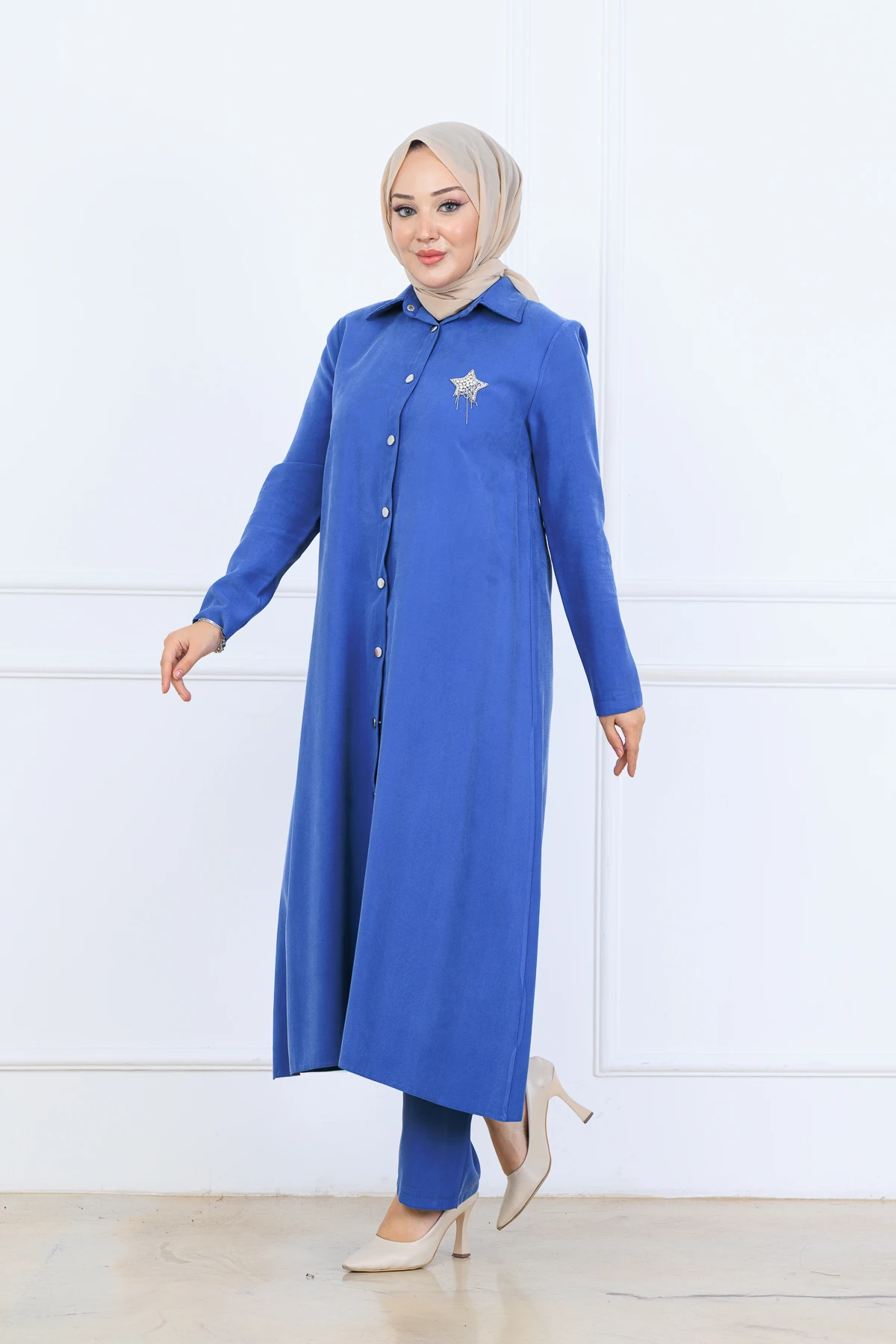 Yumuşak Organik Kumaş Gömlek Yaka Tesettür Kadın Uzun Tunik Pantolonlu İkili Takım 10133 - İndi̇go