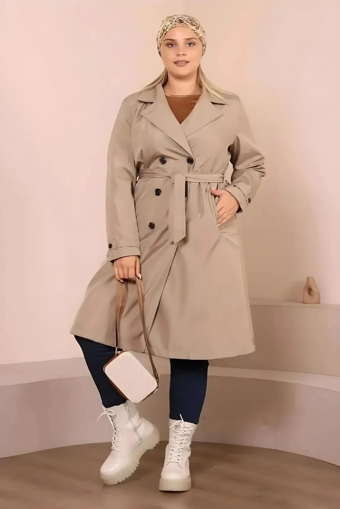 Kadın Kemerli Astarlı Uzun Trençkot