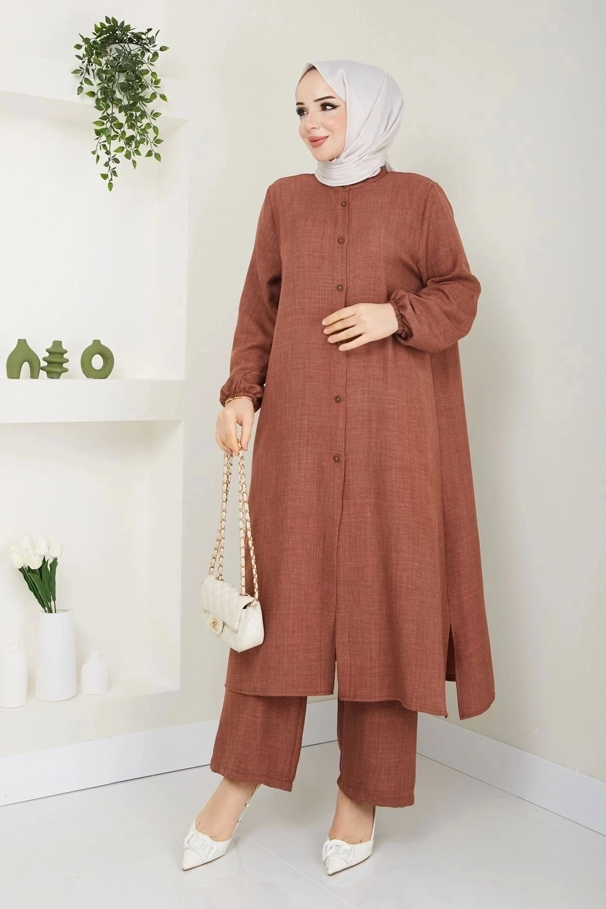 Kadın Büyük Beden Uzun  İkili Tesettür Tunik Takım 10110 - Taba