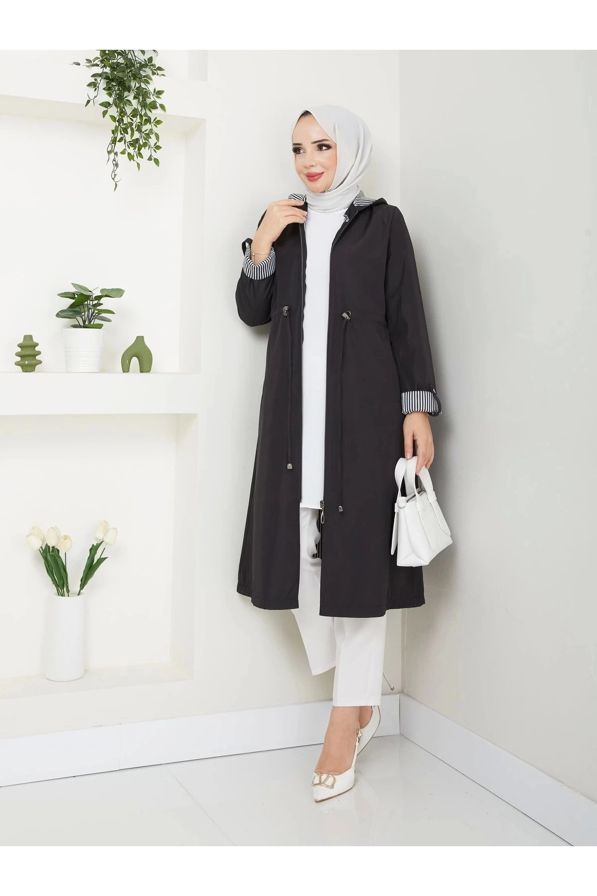 Kadın Uzun Giy Çık Trençkot 10104 - Siyah