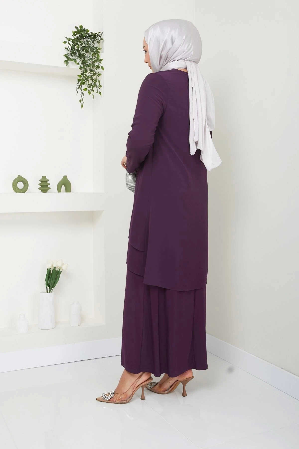 Kadın Büyük Beden Abiye Elbise İki Kat Şifon Tesettür Abiye Elbise 10117 - Mürdüm