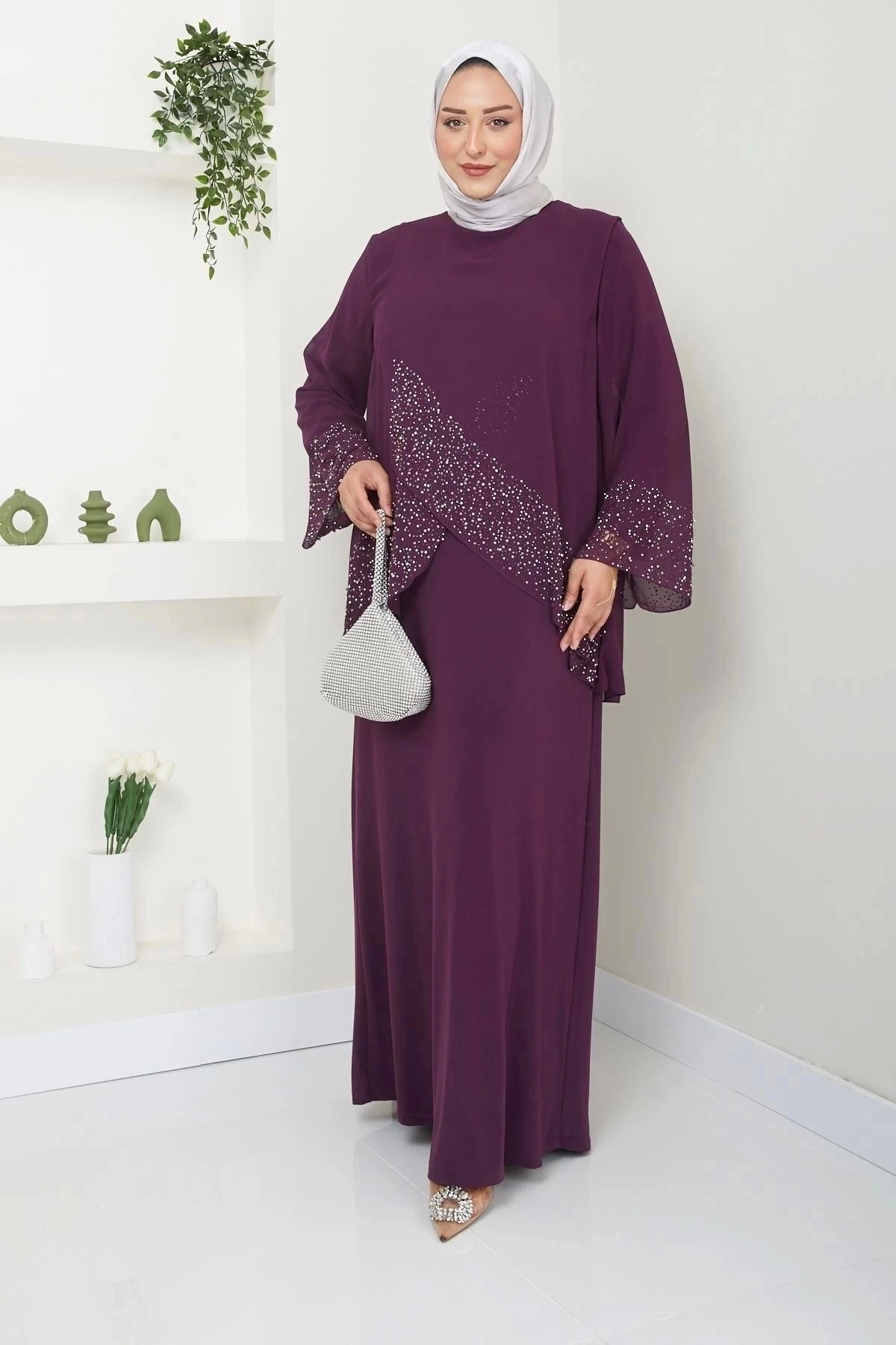 Kadın Büyük Beden Abiye Elbise İnci Taş Baskılı Tesettür Abiye Elbise 10113