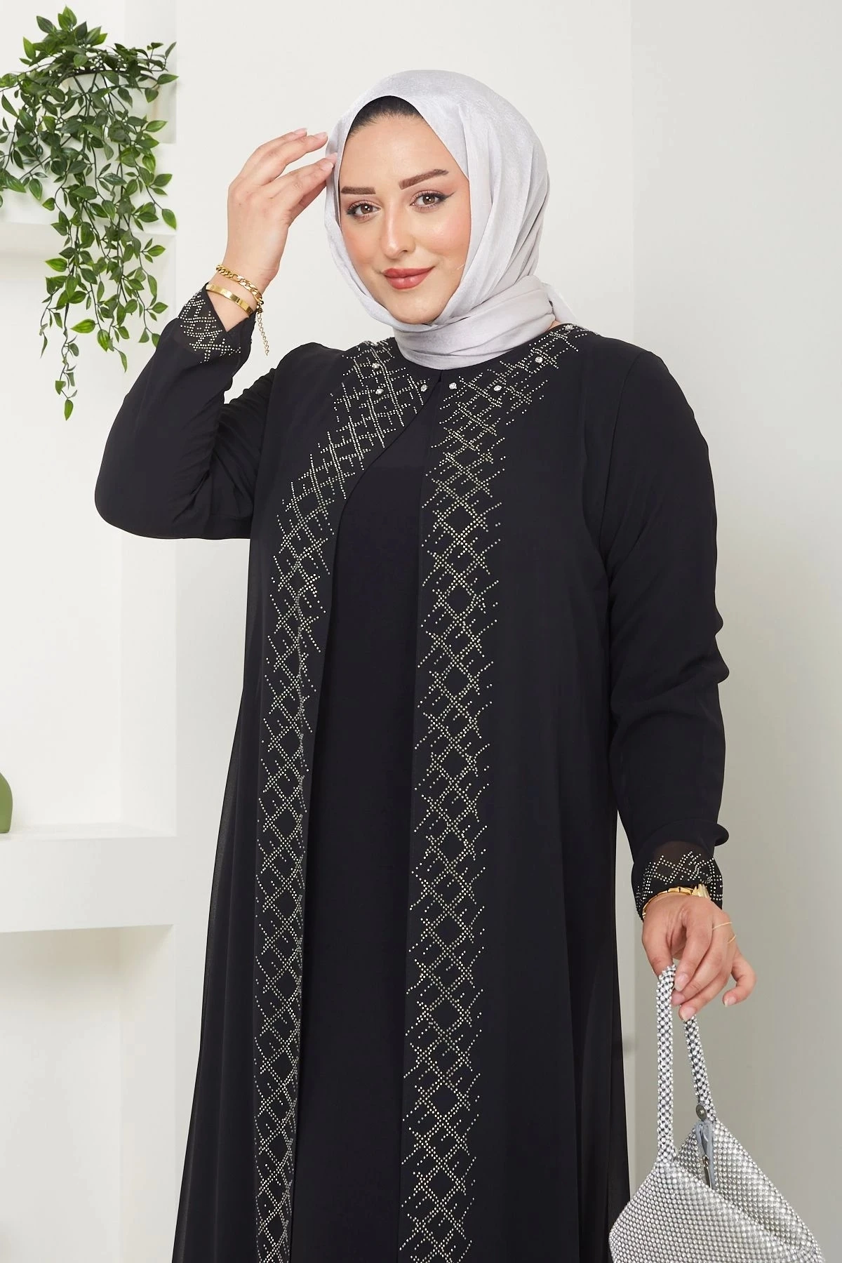 Kadın Büyük Beden Abiye Elbise Şifon Tesettür Abiye Elbise 10120 - Si̇yah