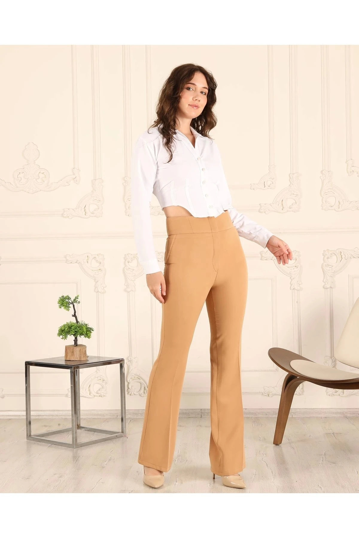 Yüksek Bel İspanyol Paça Kadın Kumaş Pantolon 10101