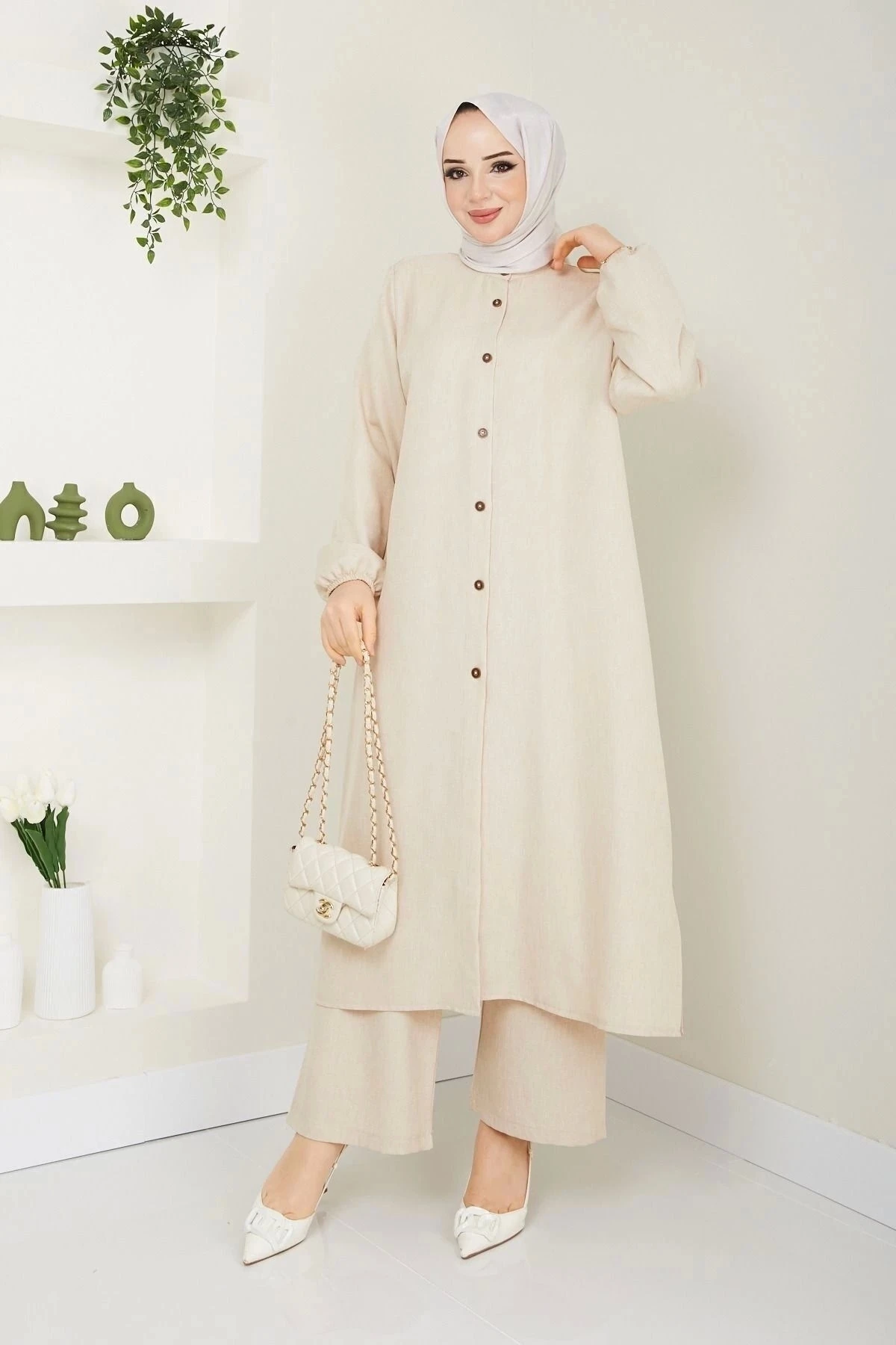 Kadın Büyük Beden Uzun  İkili Tesettür Tunik Takım 10110 - Taş