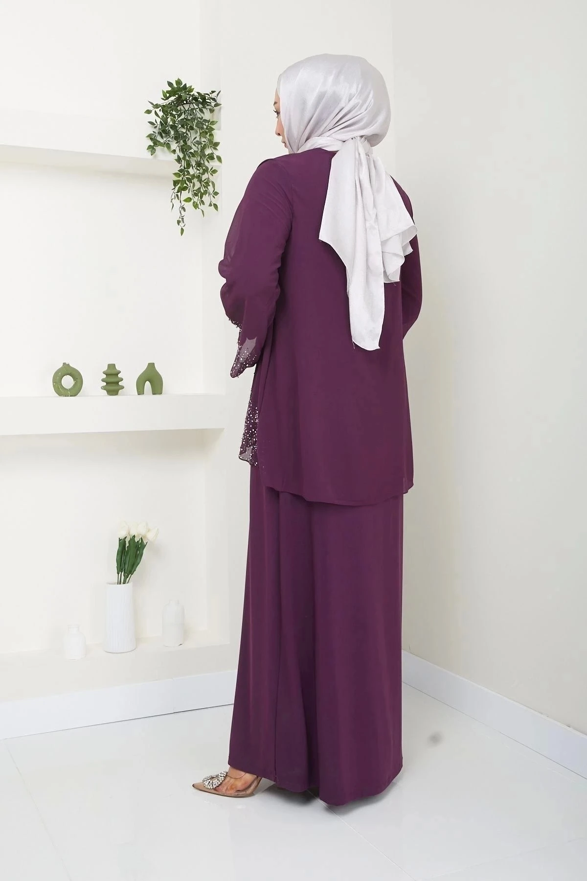 Kadın Büyük Beden Abiye Elbise İnci Taş Baskılı Tesettür Abiye Elbise 10113