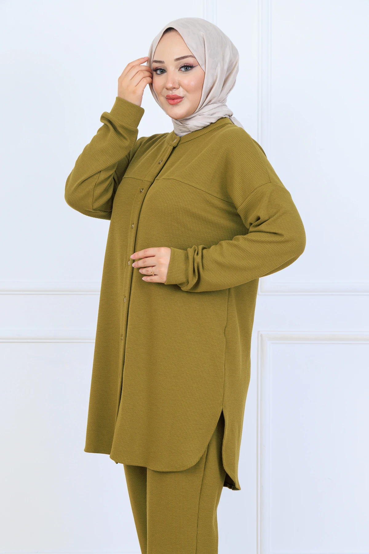 Bürümcük Kumaş Kadın İkili Takım-Gömlek Pantolon 10128 - Yağ Yeşil