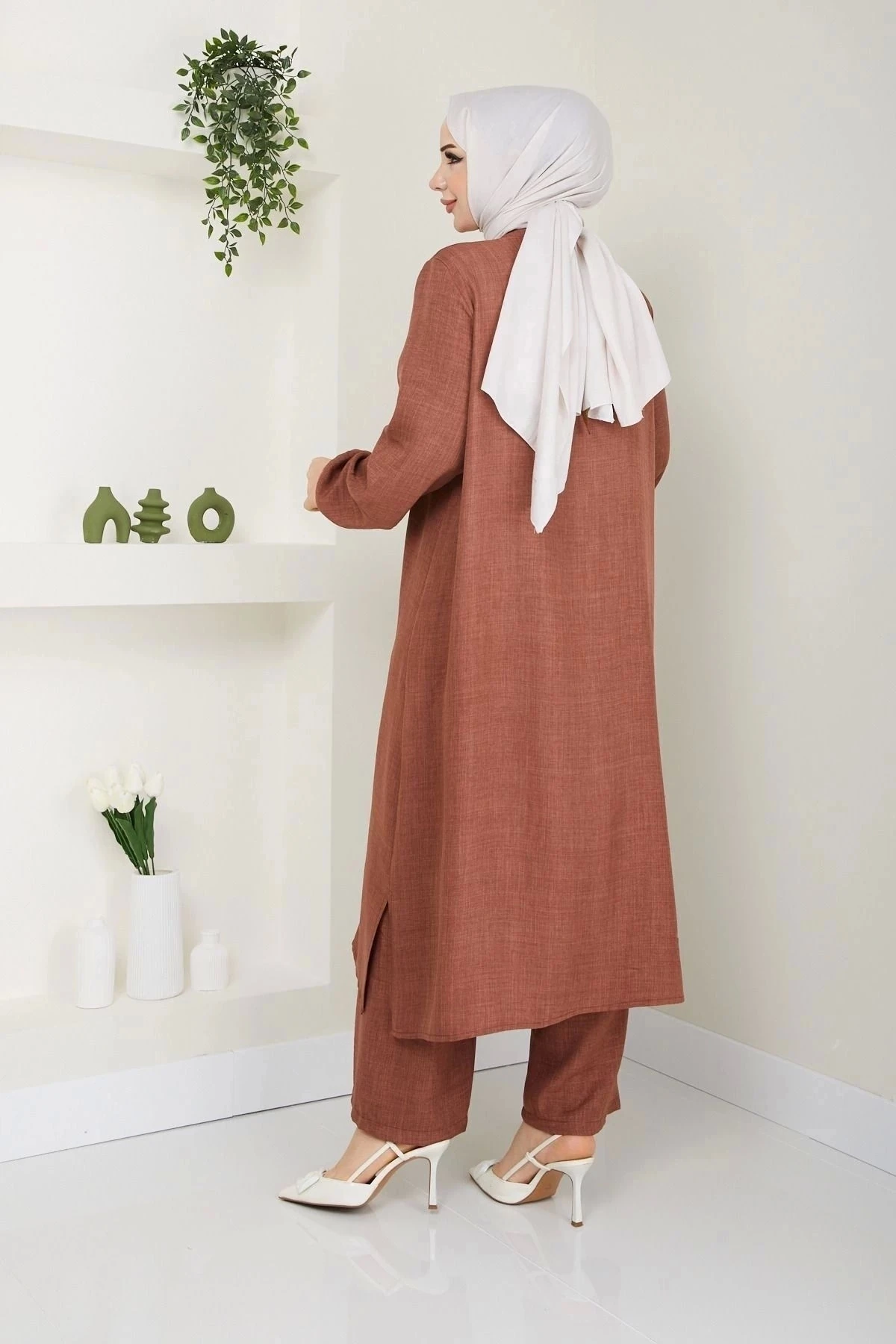 Kadın Büyük Beden Uzun  İkili Tesettür Tunik Takım 10110 - Taba