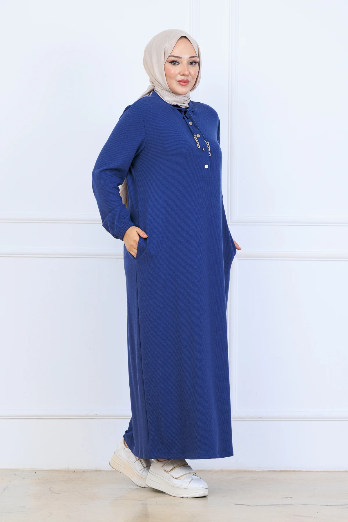 Rahat Kalıp Fitilli Örme Kumaş Elbise 10126 - Mavi