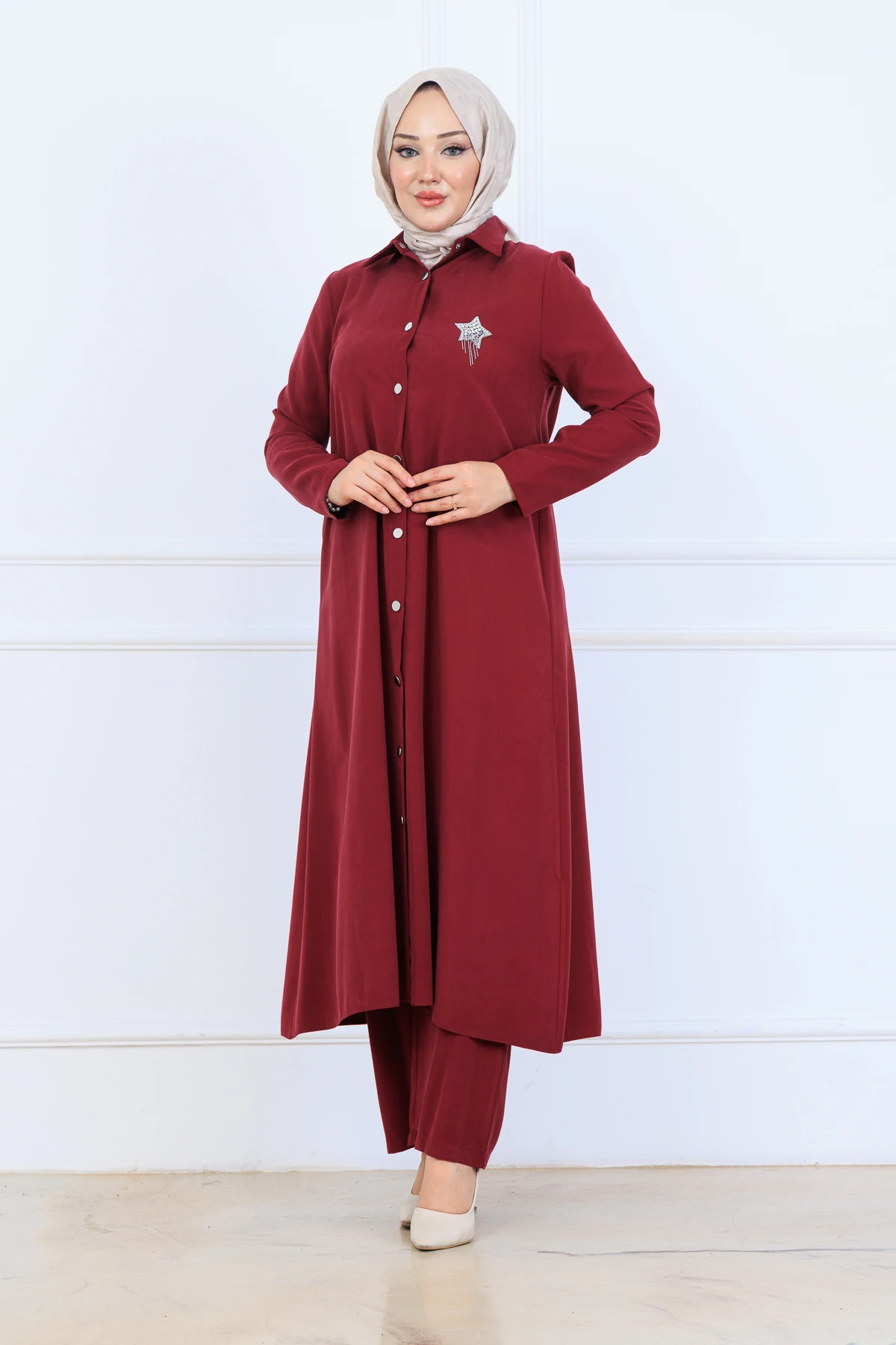 Yumuşak Organik Kumaş Gömlek Yaka Tesettür Kadın Uzun Tunik Pantolonlu İkili Takım 10133 - Bordo