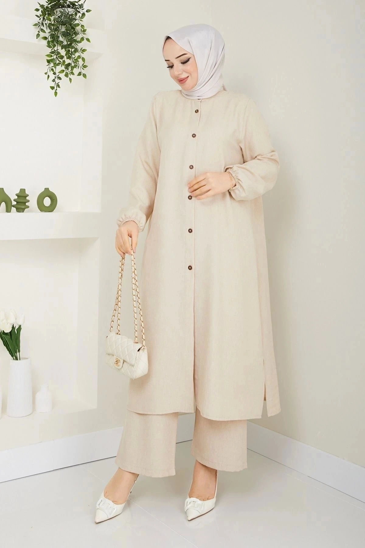 Kadın Büyük Beden Uzun  İkili Tesettür Tunik Takım 10110 - Taş