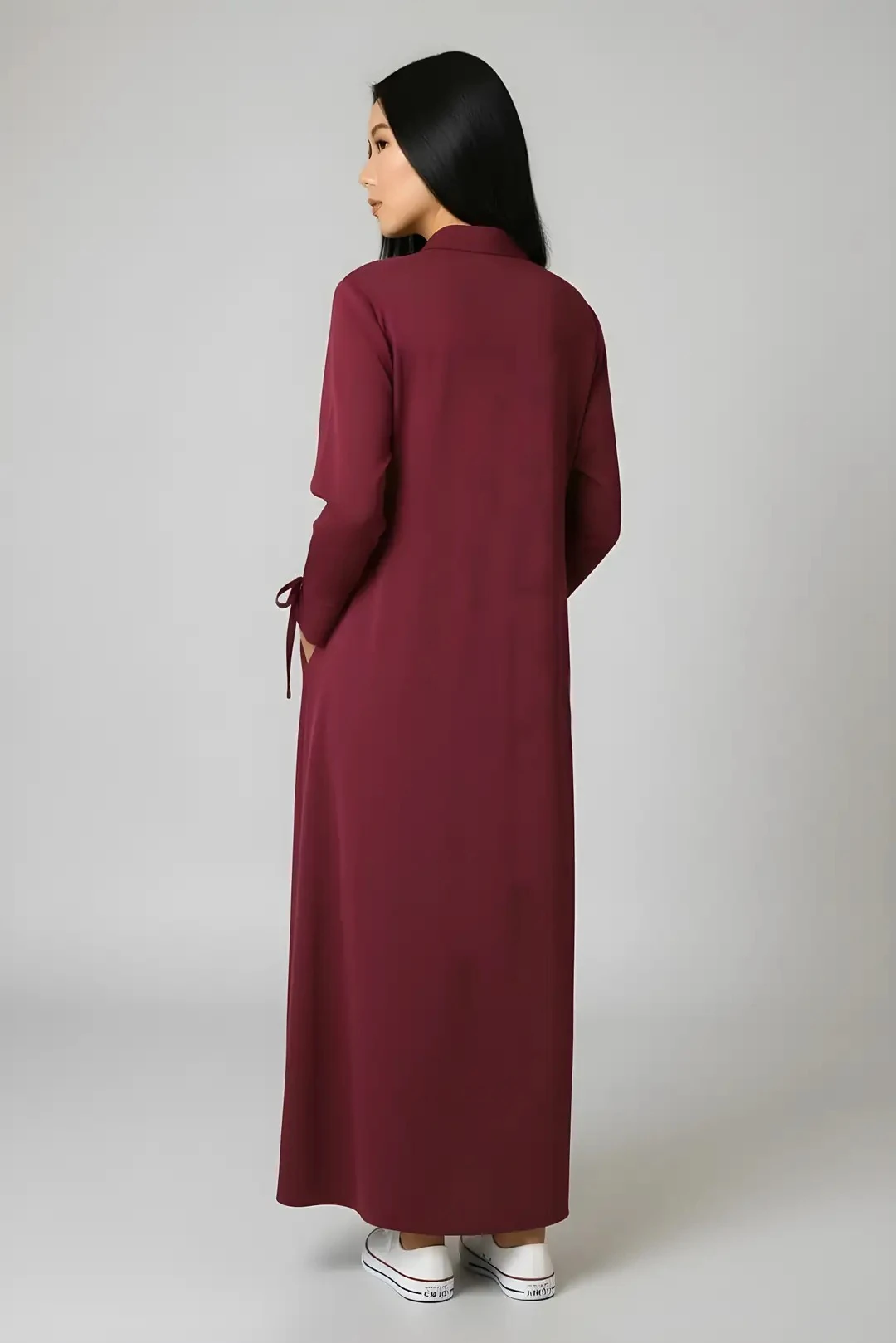 Yumuşak Organik Kumaş Gömlek Yaka Tesettür Kadın Uzun Elbise 10134 - Bordo