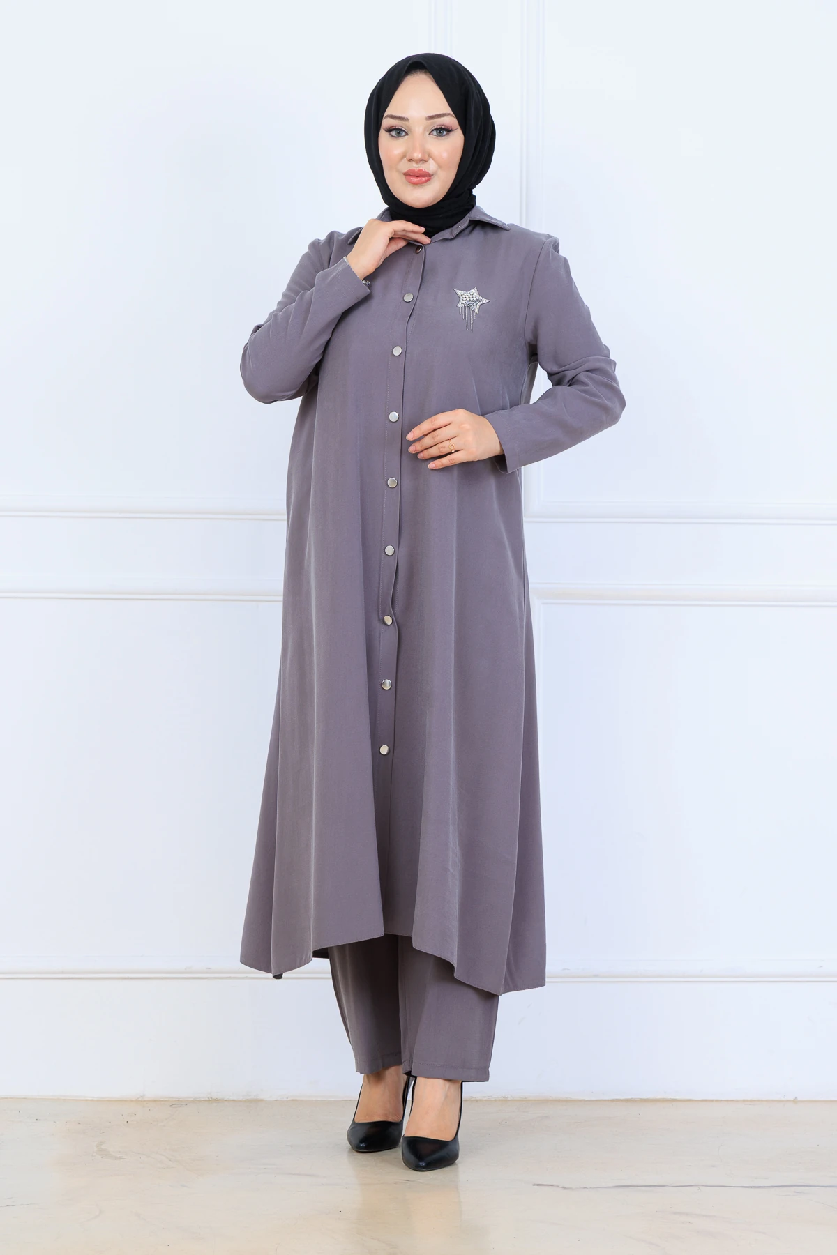 Yumuşak Organik Kumaş Gömlek Yaka Tesettür Kadın Uzun Tunik Pantolonlu İkili Takım 10133 - Gri