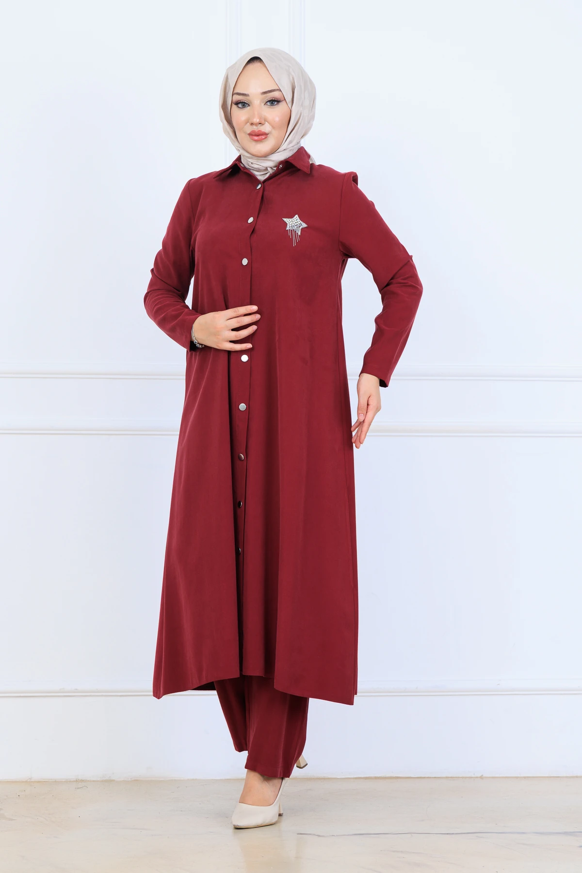 Yumuşak Organik Kumaş Gömlek Yaka Tesettür Kadın Uzun Tunik Pantolonlu İkili Takım 10133 - Bordo