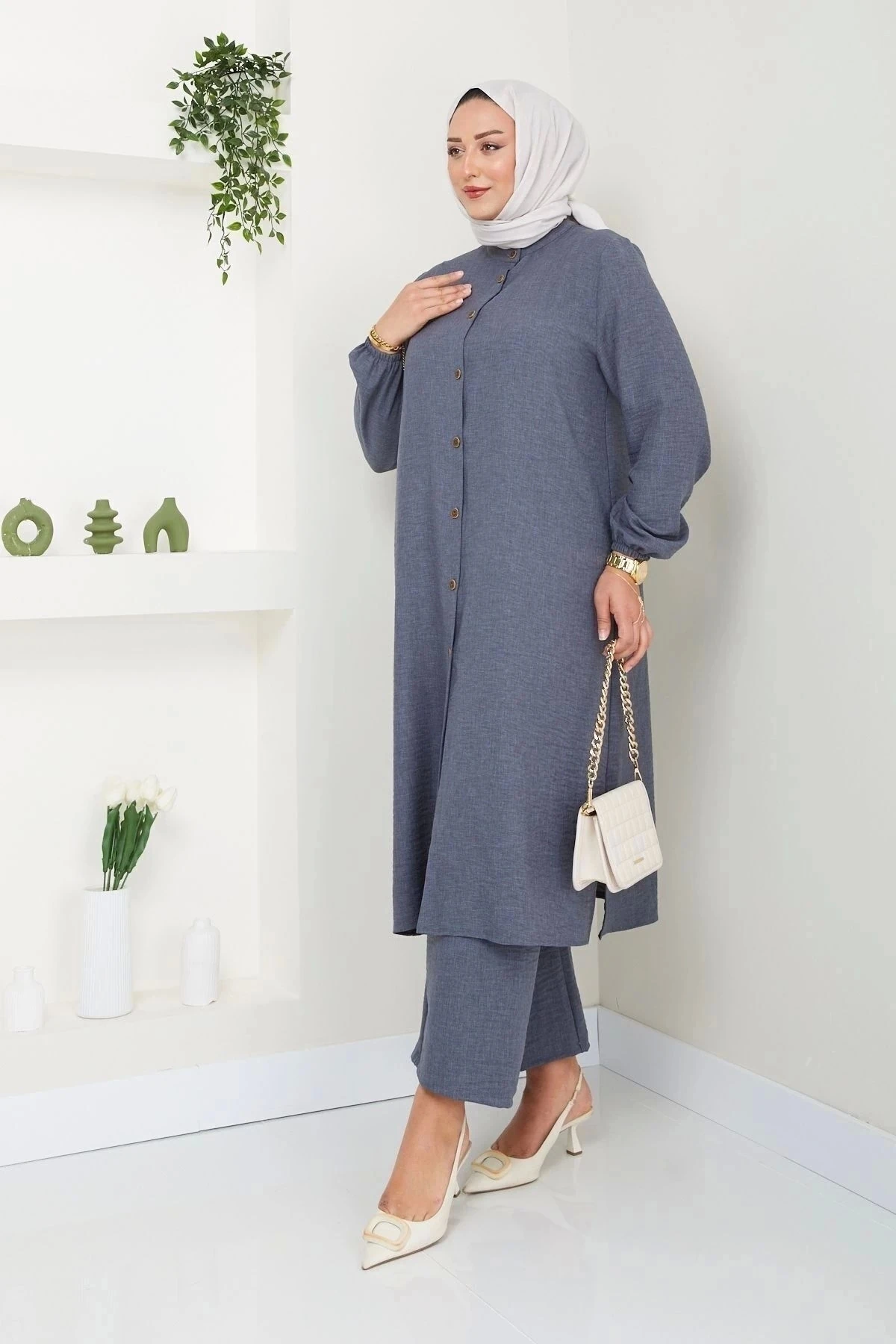 Kadın Büyük Beden Uzun  İkili Tesettür Tunik Takım 10110 - Antrasi̇t.