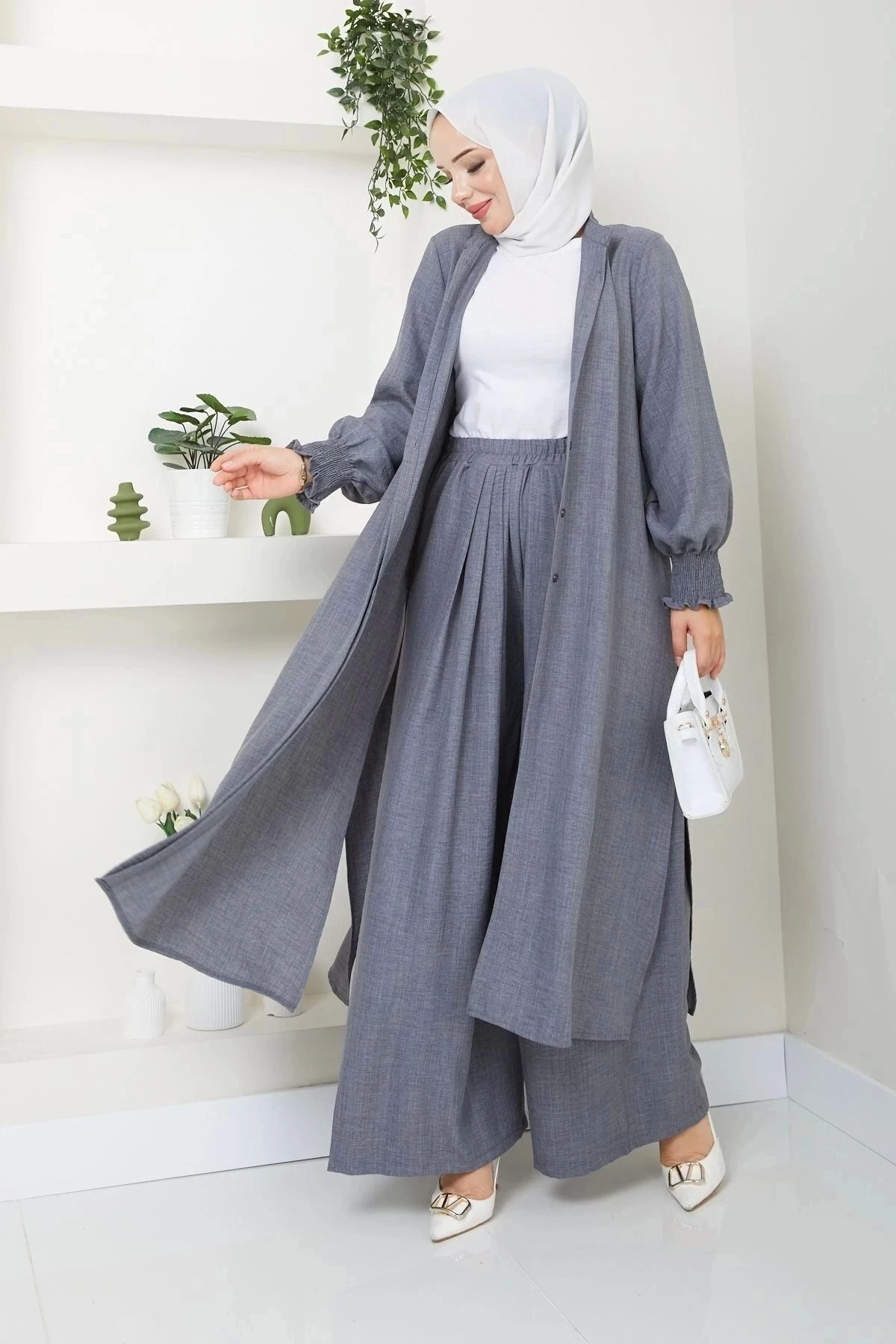Kadın Uzun İkili Tesettür Tunik Takım 10114 - Gri