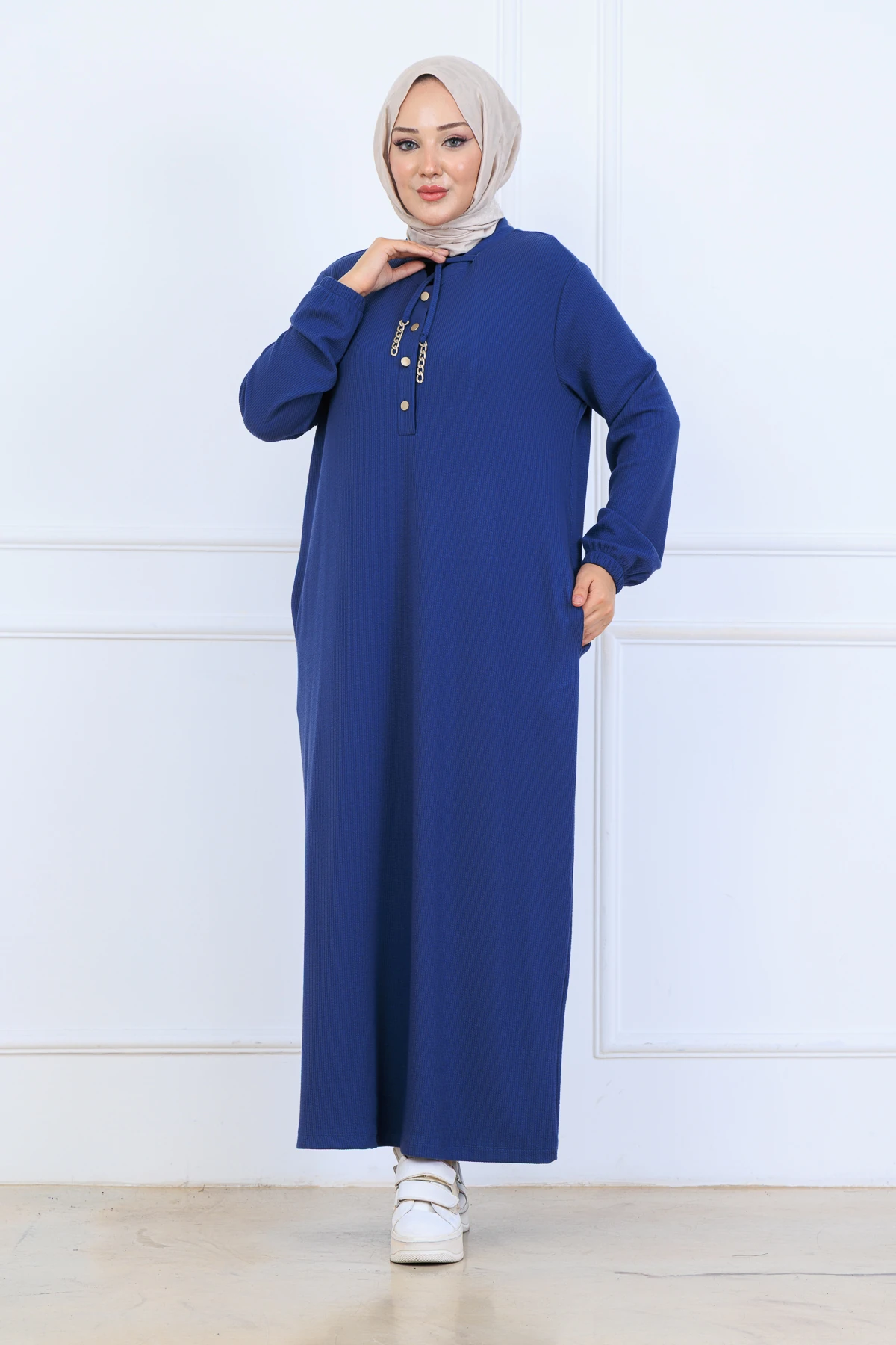 Rahat Kalıp Fitilli Örme Kumaş Elbise 10126 - Mavi