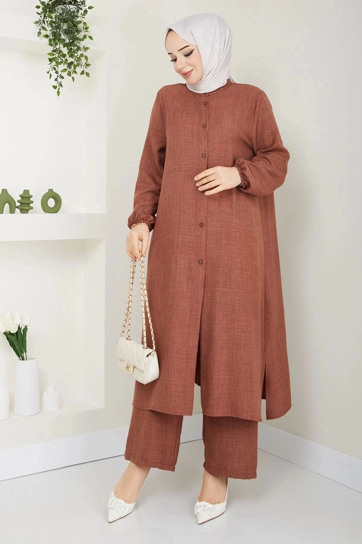 Kadın Büyük Beden Uzun  İkili Tesettür Tunik Takım 10110 - Taba