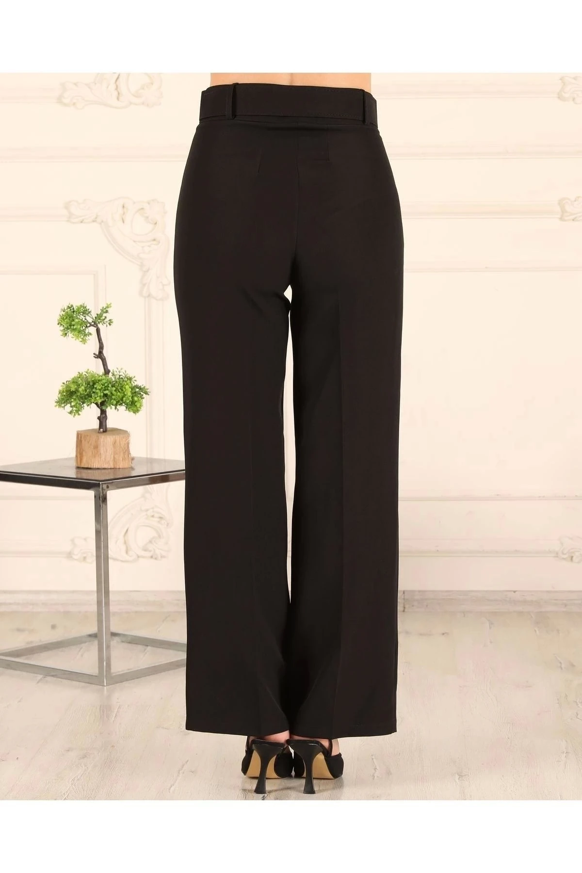 Kadın Bol Paça Kemerli Pantolon 10103 - Siyah