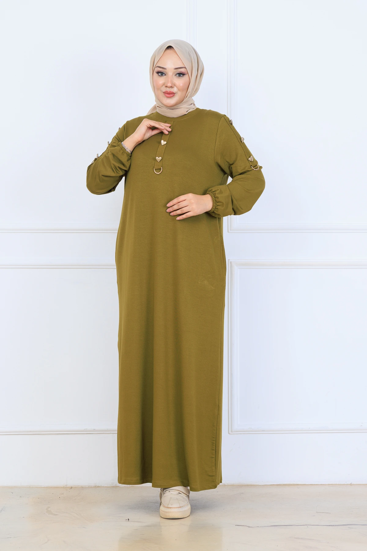 Rahat Bol Kesim Örme Kumaş Elbise 10127 - Yağ Yeşil