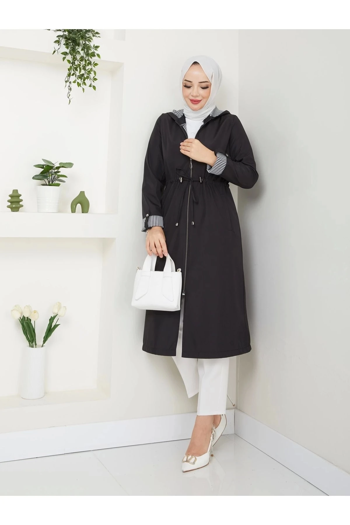 Kadın Uzun Giy Çık Trençkot 10104 - Siyah