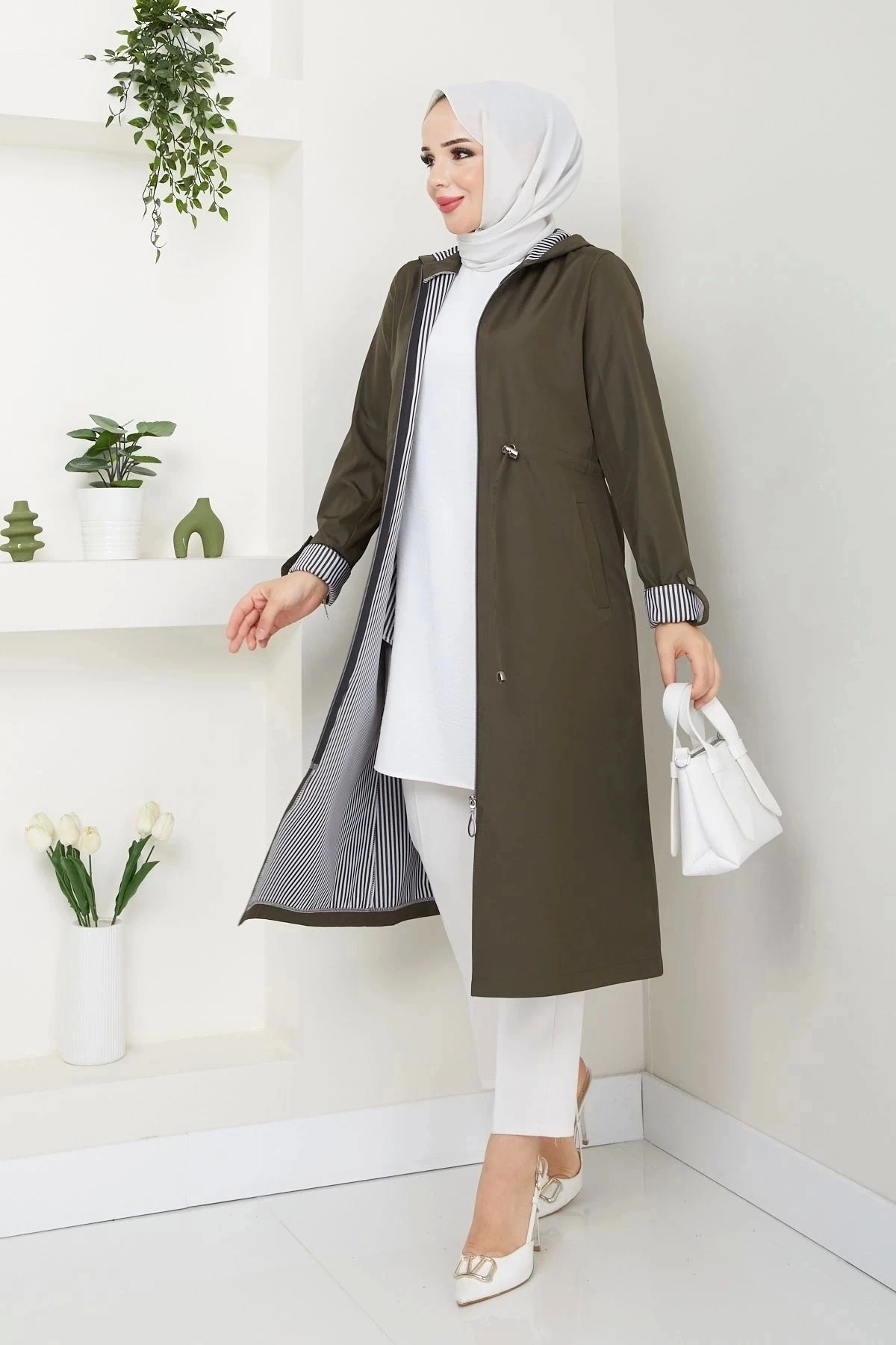 Kadın Uzun Giy Çık Trençkot 10104 - Haki