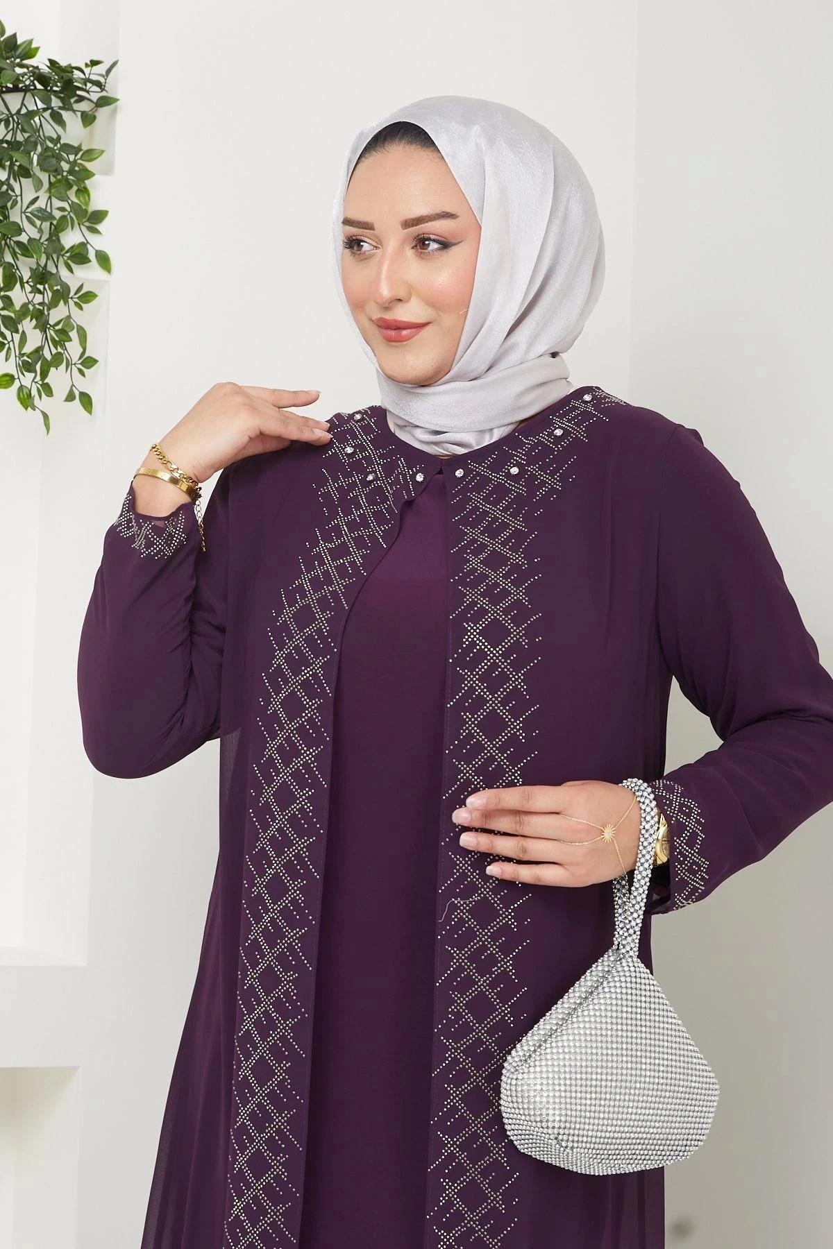 Kadın Büyük Beden Abiye Elbise Şifon Tesettür Abiye Elbise 10120 - Mürdüm