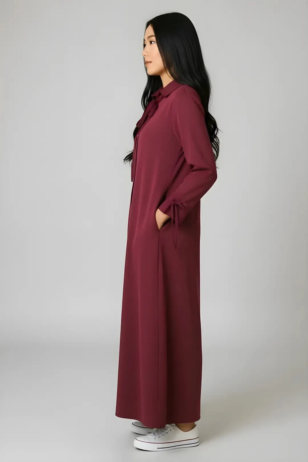 Yumuşak Organik Kumaş Gömlek Yaka Tesettür Kadın Uzun Elbise 10134 - Bordo
