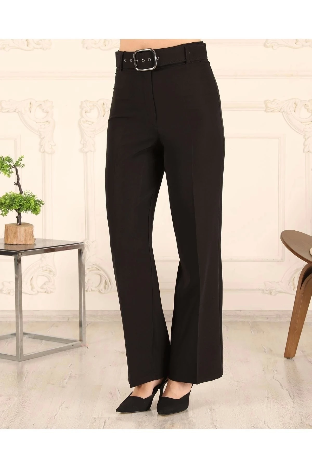 Kadın Bol Paça Kemerli Pantolon 10103 - Siyah