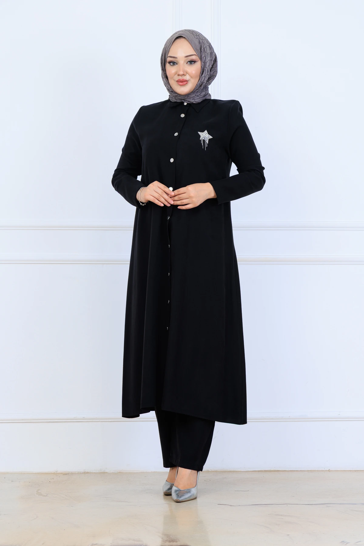 Yumuşak Organik Kumaş Gömlek Yaka Tesettür Kadın Uzun Tunik Pantolonlu İkili Takım 10133 - Siyah