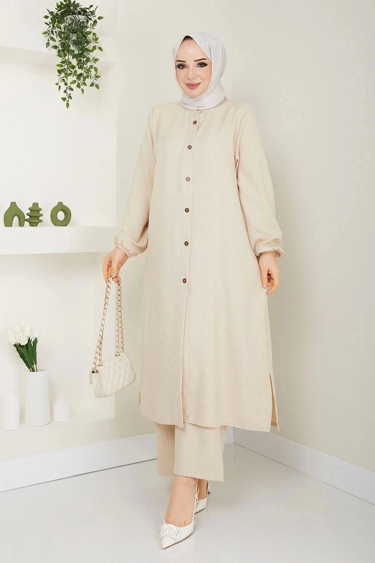 Kadın Büyük Beden Uzun  İkili Tesettür Tunik Takım 10110 - Taş