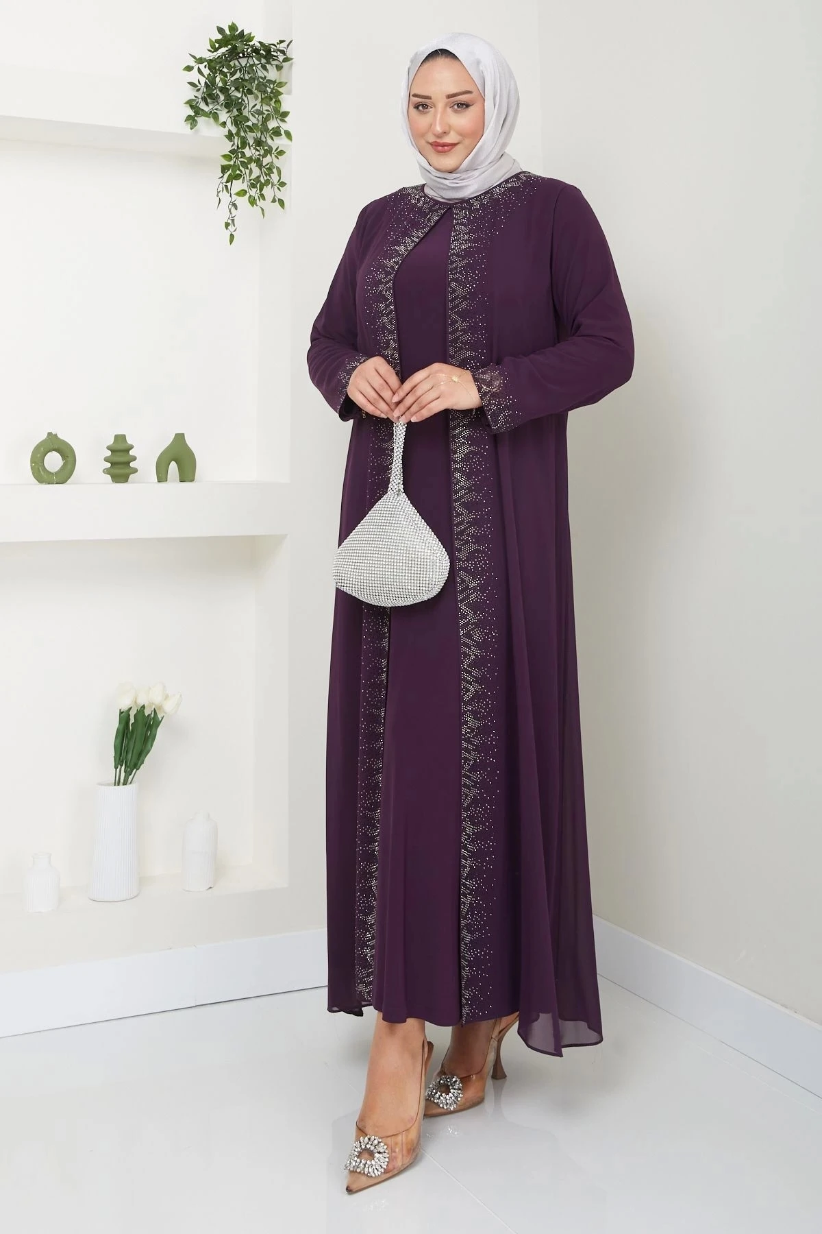 Kadın Büyük Beden Abiye Elbise Uzun Şifon 10118 - Mürdüm