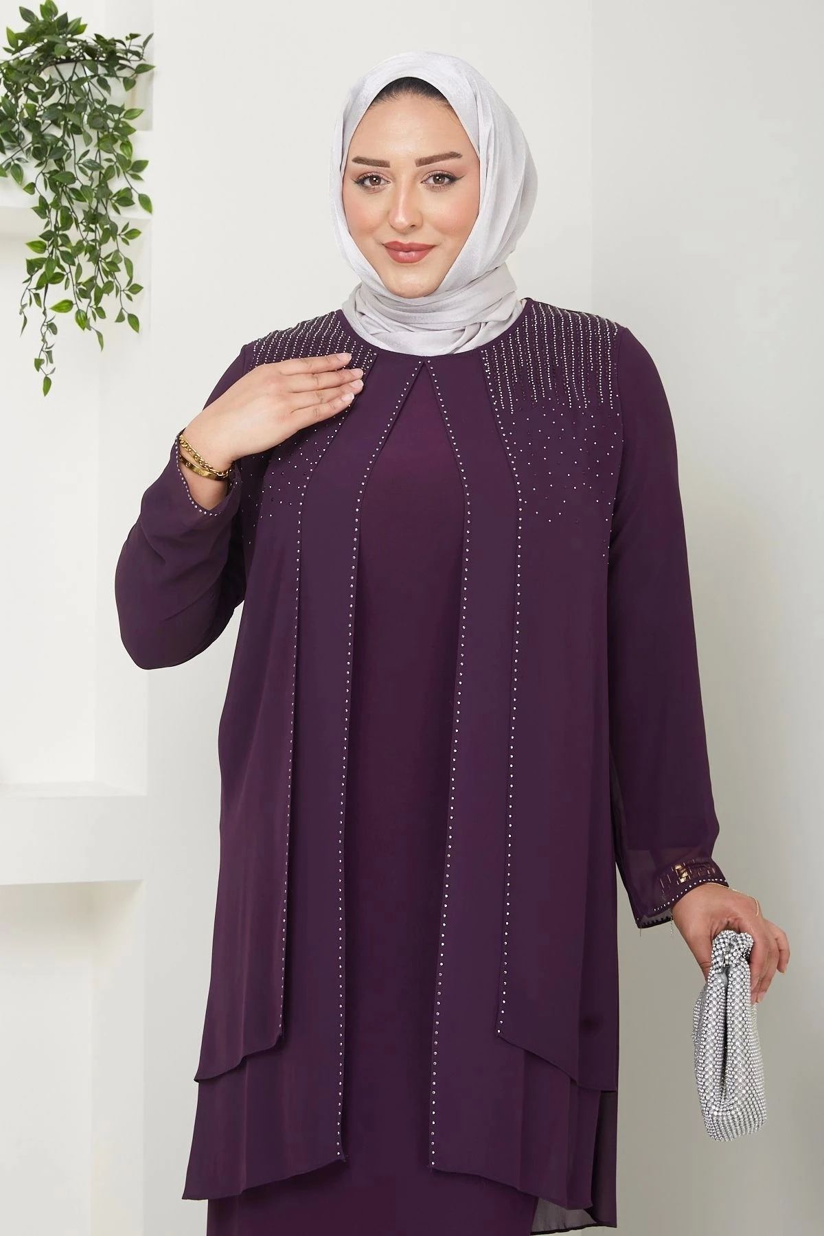 Kadın Büyük Beden Abiye Elbise İki Kat Şifon Tesettür Abiye Elbise 10117 - Mürdüm