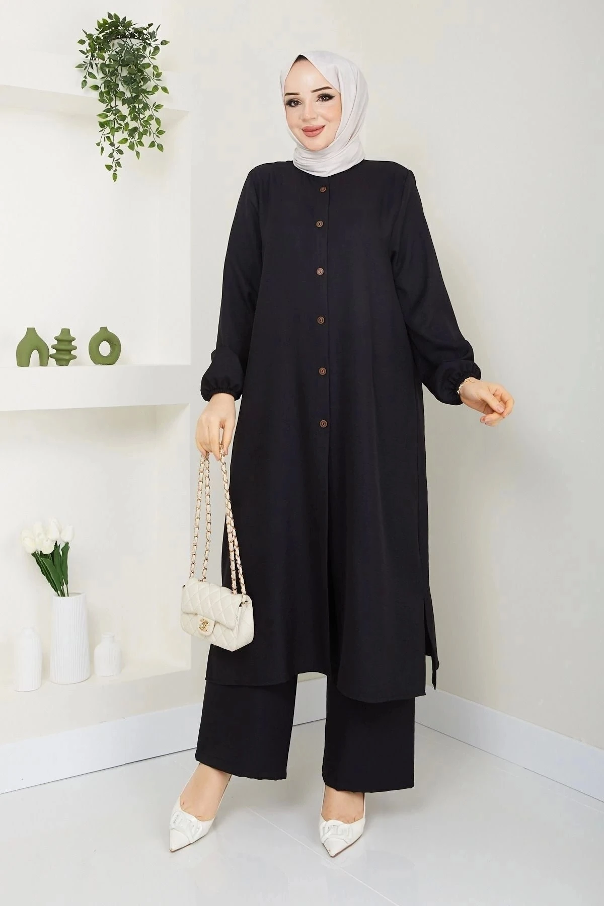 Kadın Büyük Beden Uzun  İkili Tesettür Tunik Takım 10110 - Si̇yah
