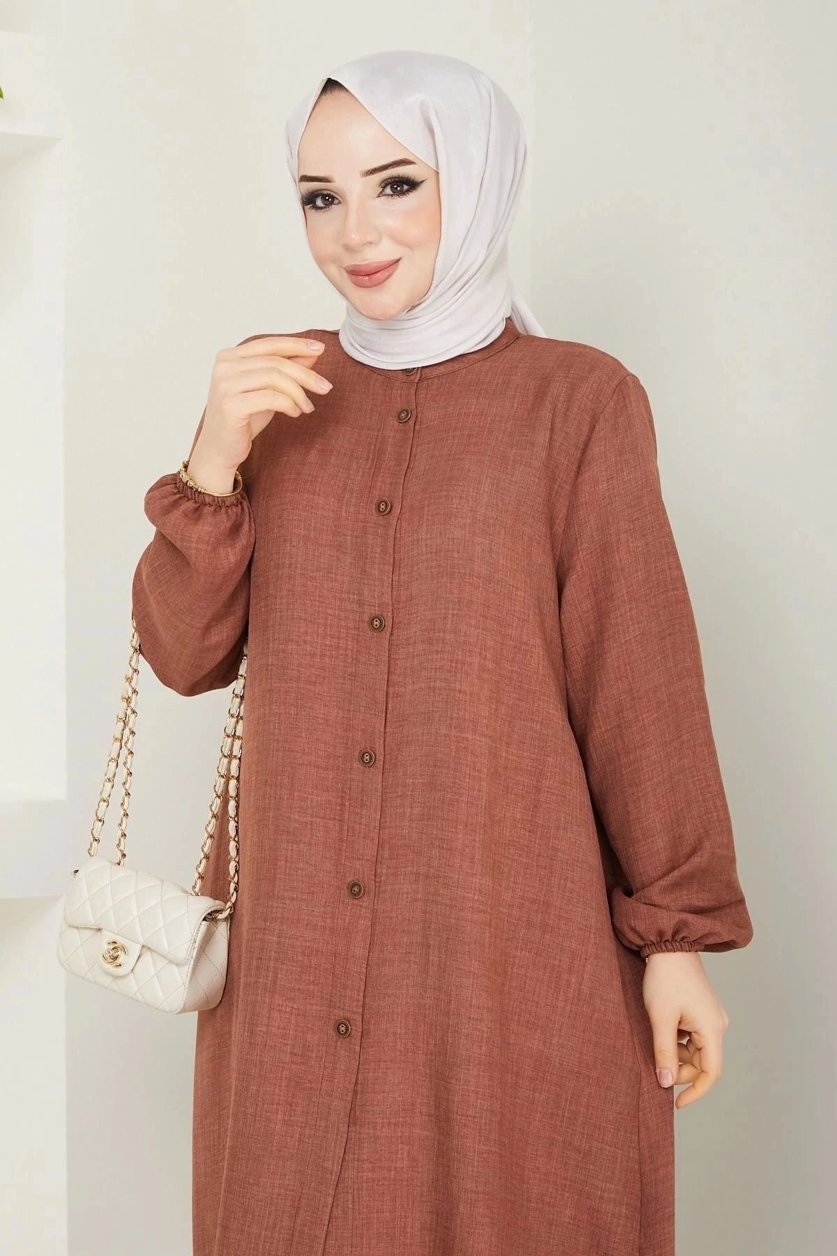 Kadın Büyük Beden Uzun  İkili Tesettür Tunik Takım 10110 - Taba