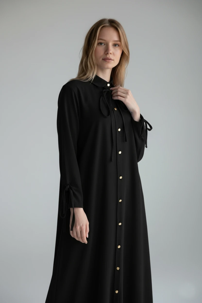 Yumuşak Organik Kumaş Gömlek Yaka Tesettür Kadın Uzun Elbise 10134 - Siyah