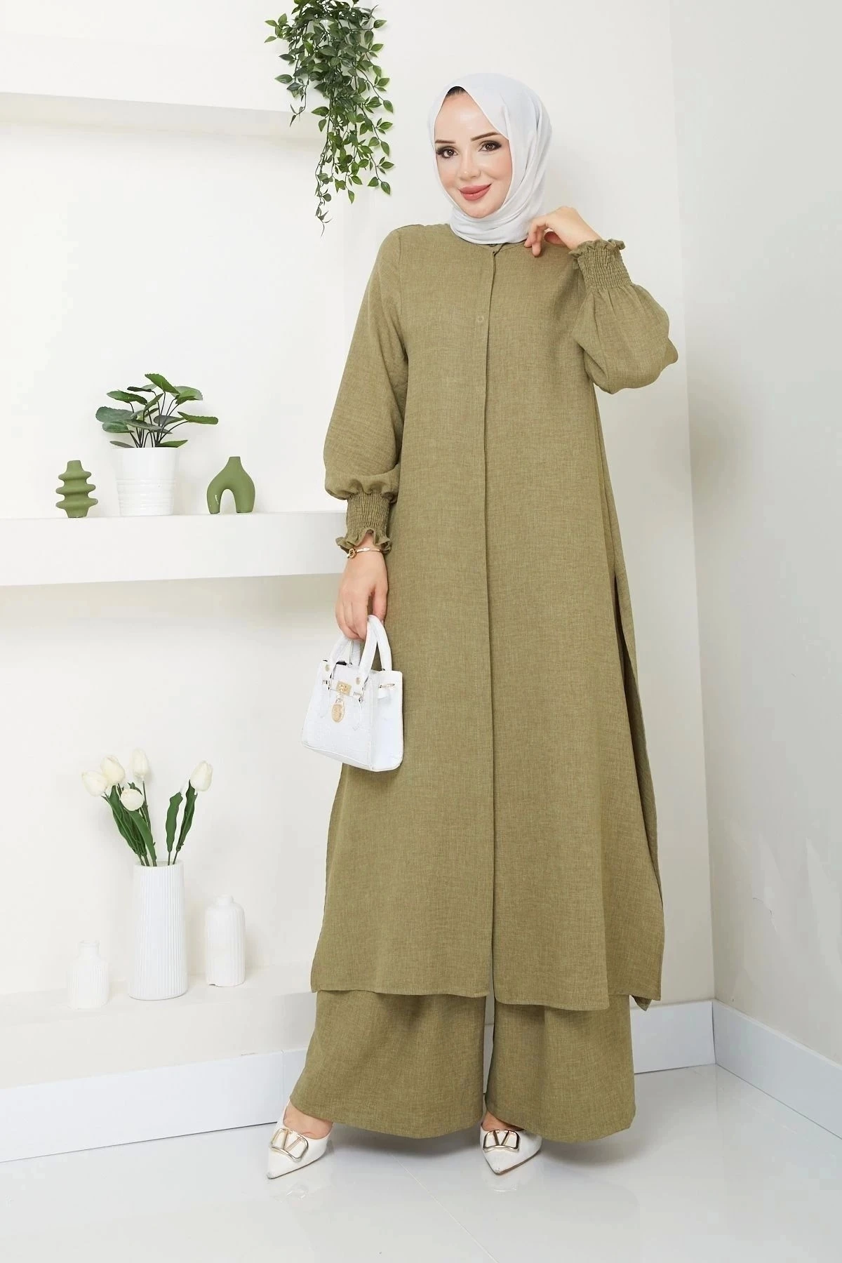 Kadın Uzun İkili Tesettür Tunik Takım 10114 - Yağ Yeşil
