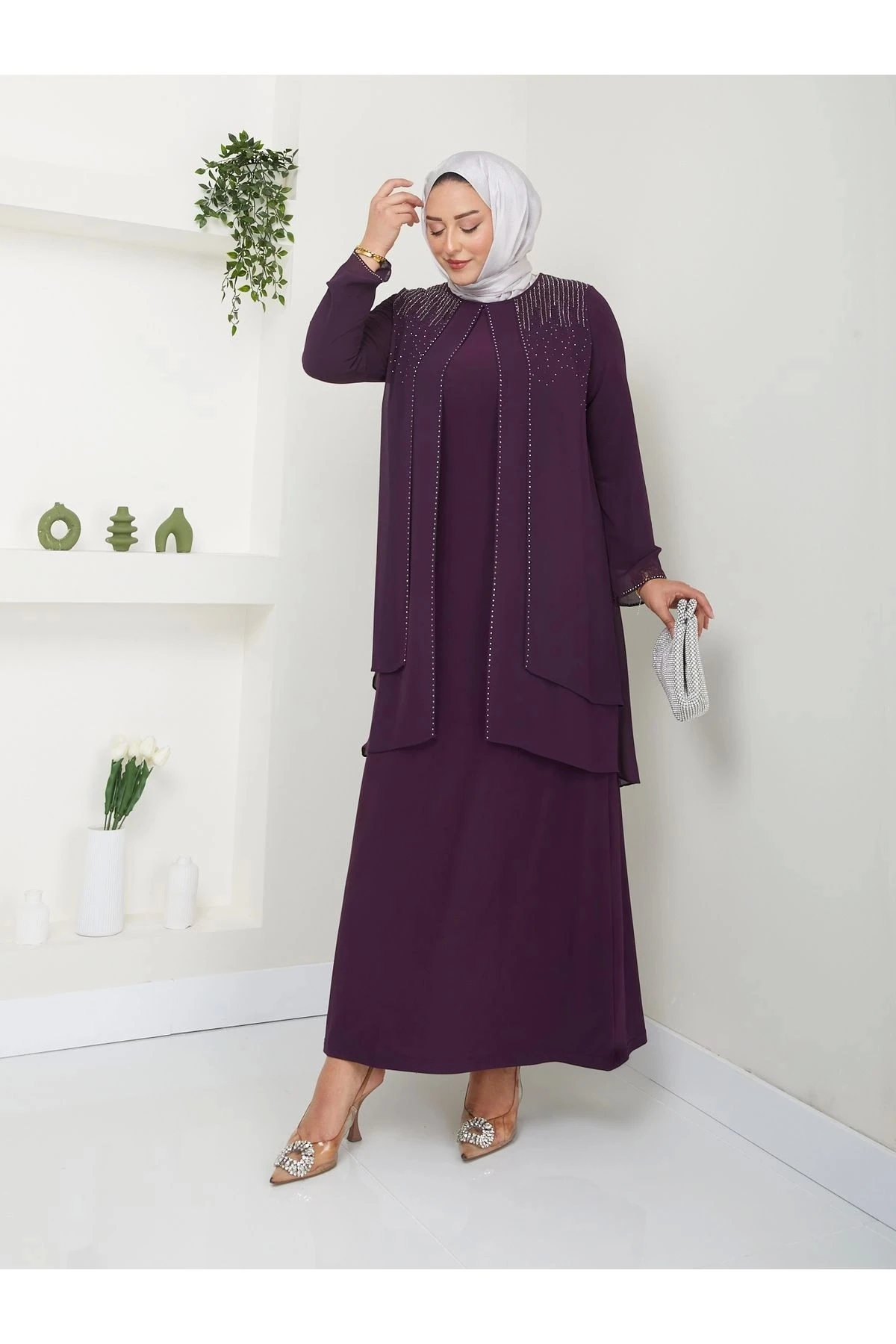 Kadın Büyük Beden Abiye Elbise İki Kat Şifon Tesettür Abiye Elbise 10117 - Mürdüm