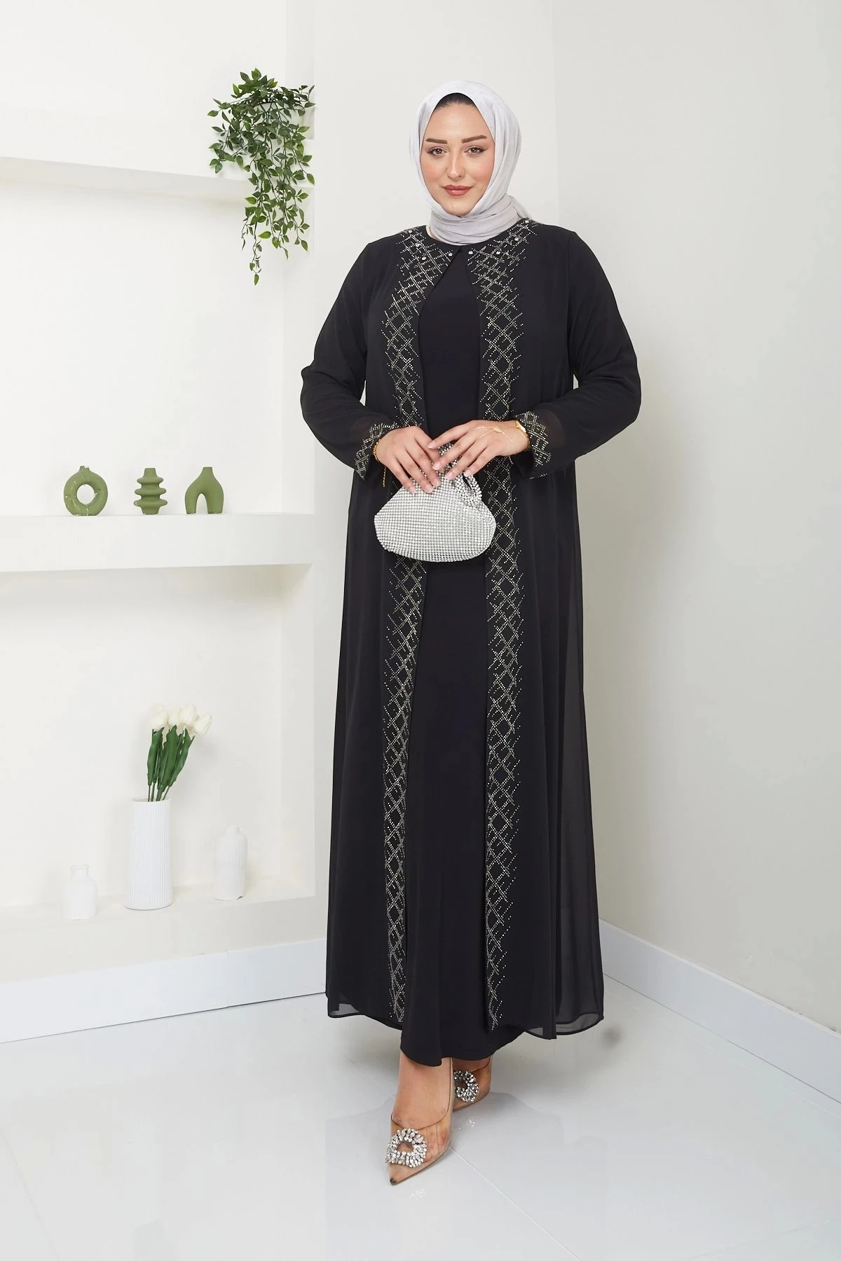 Kadın Büyük Beden Abiye Elbise Şifon Tesettür Abiye Elbise 10120 - Si̇yah