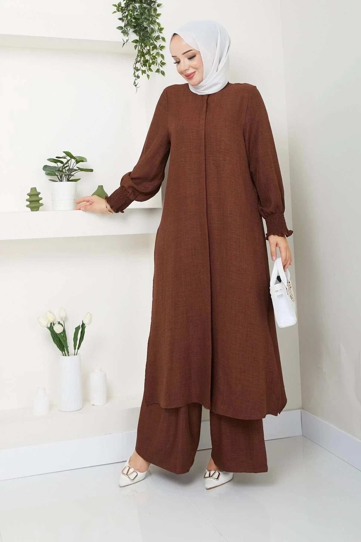 Kadın Uzun İkili Tesettür Tunik Takım 10114 - Kahverengi
