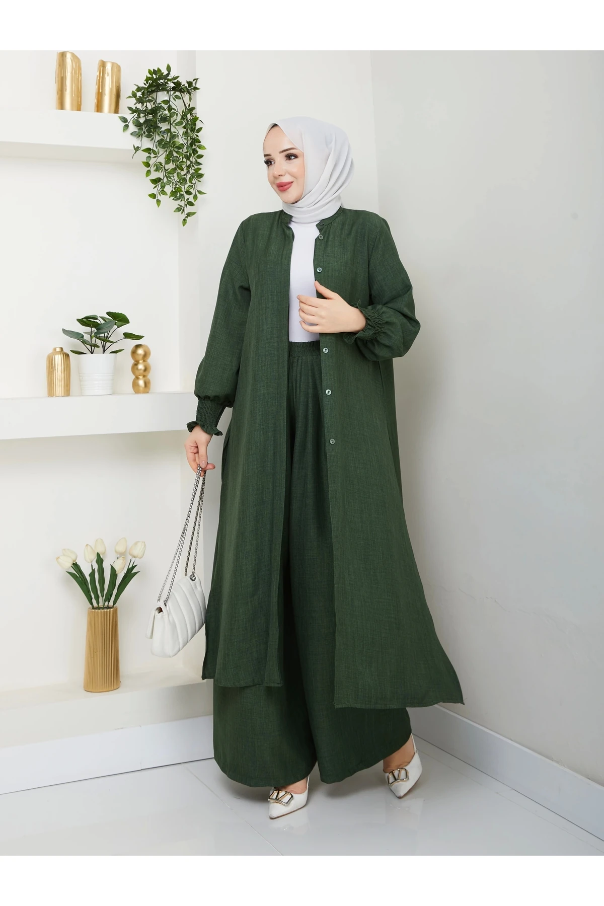 Kadın Uzun İkili Tesettür Tunik Takım 10114 - Ördek Yeşi̇l