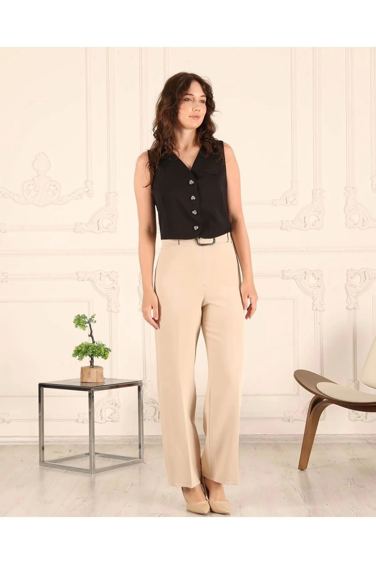 Kadın Bol Paça Kemerli Pantolon 10103 - Krem