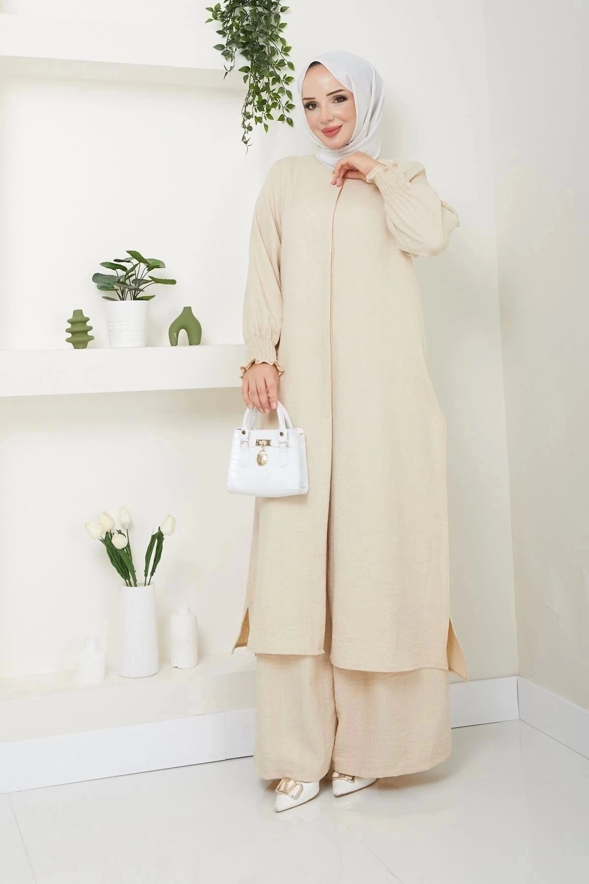 Kadın Uzun İkili Tesettür Tunik Takım 10114 - Taş